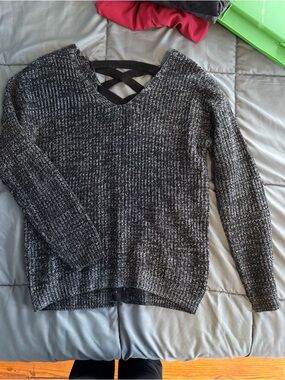 SO Black and Gray Marled V-Neck Sweater with Crisscross Back